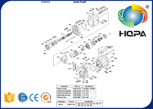 Xjbn-01780 υδραυλική κύρια εξάρτηση σφραγίδων αντλιών XJBN01780 για τη Hyundai r140lc-9